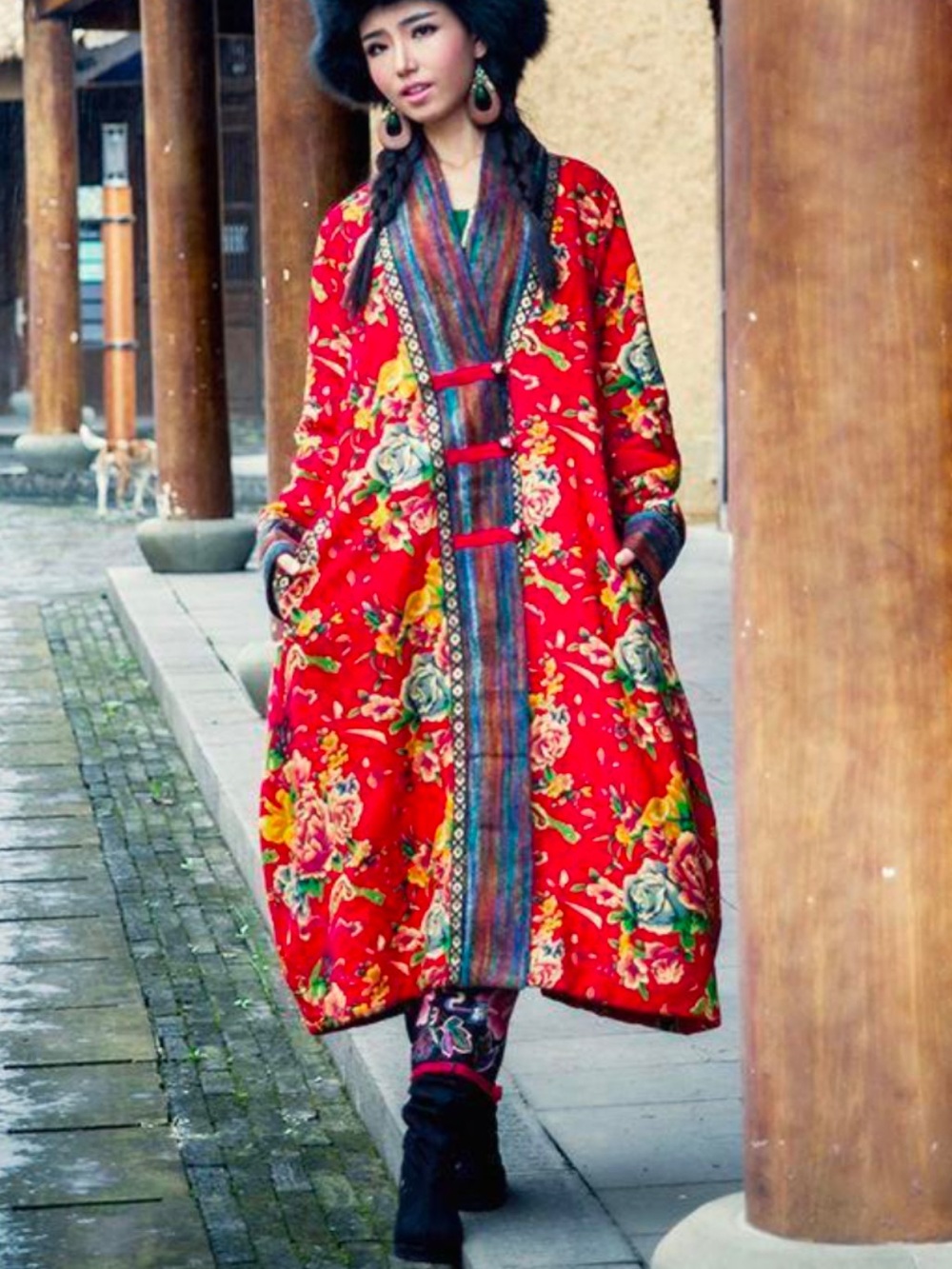 Asian Red Floral Quilted Long Coat